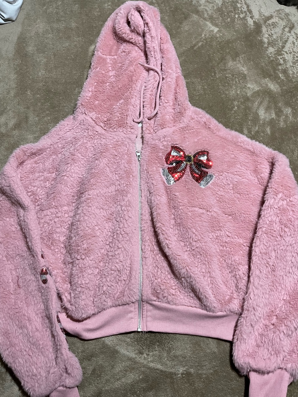 No Boundaries Pink Fuzzy Zip Hoodie with Sequin Bow Accent-M